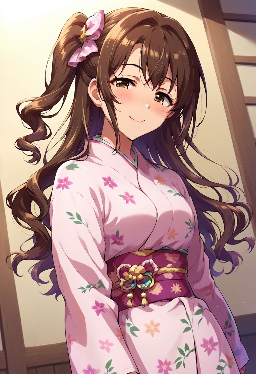 score_9,score_8_up,score_7_up,score_6_up, 
1girl, solo, young woman, slim, dynamic angle, dynamic sexy pose,
cowboy shot, smile, blush, half closed eyes,
smmruzk, long hair, brown hair, wavy hair, one side up, hair bow, brown eyes, medium breasts, 
pink detailed pattern kimono,
takeda hiromitsu style,
