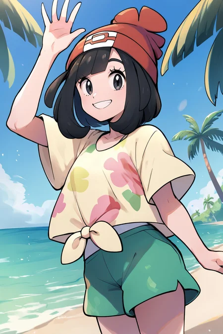 zPDXL3,  <lora:Selene_Pony:.8>,<lora:CitronAnimeTreasure:.8>
Selene_(Pokemon), black eyes, black hair, red beanie, yellow shirt, tied shirt, floral print, green shorts shorts, looking at viewer, smiling, standing, waving, outside, beach, palm trees, blue sky,