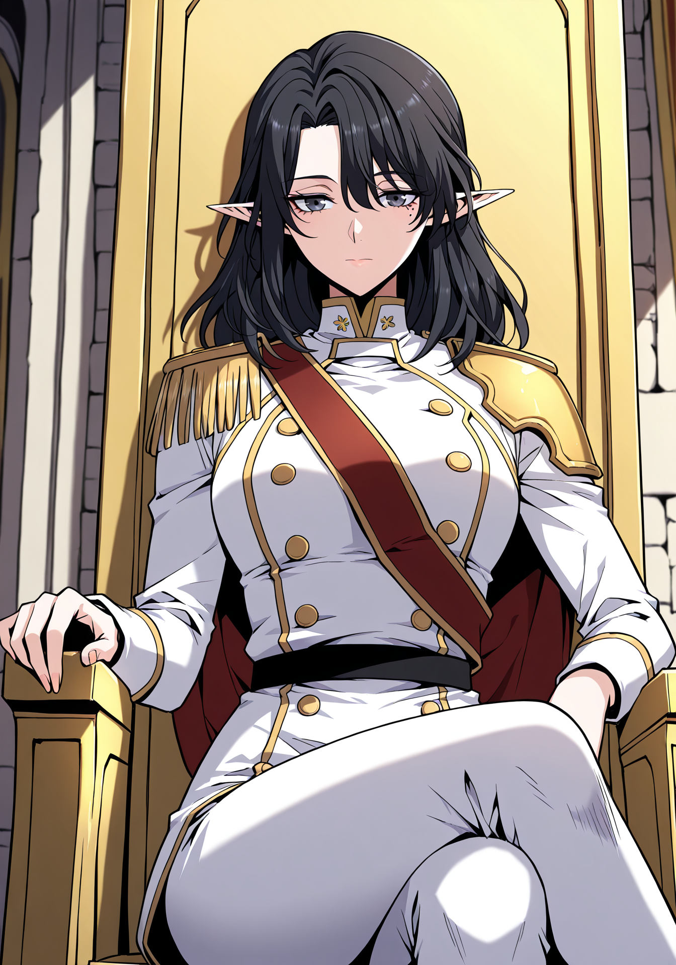 <lora:Aya_Grephin__The_Beginning_After_the_End__Illustrious:1>
1 girl, solo, female elf, medium length black hair, pointed ears, mole under left eye, black eyes, 
white military uniform with gold trim, gold shoulder pads, red sash, high collar, double-breasted buttons, golden epaulettes, detailed uniform folds, white pants, 
(Anime_source),Masterpiece,(perfect female body:1.2), small waist,(incredibly detailed:1.4), slim, looking at viewer, sitting on throne, crossed legs, castle room background