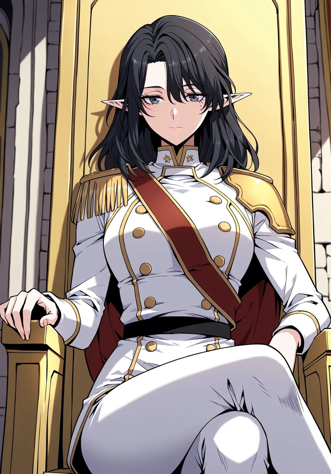 <lora:Aya_Grephin__The_Beginning_After_the_End__Illustrious:1>
1 girl, solo, female elf, medium length black hair, pointed ears, mole under left eye, black eyes,
white military uniform with gold trim, gold shoulder pads, red sash, high collar, double-breasted buttons, golden epaulettes, detailed uniform folds, white pants,
(Anime_source),Masterpiece,(perfect female body:1.2), small waist,(incredibly detailed:1.4), slim, looking at viewer, sitting on throne, crossed legs, castle room background