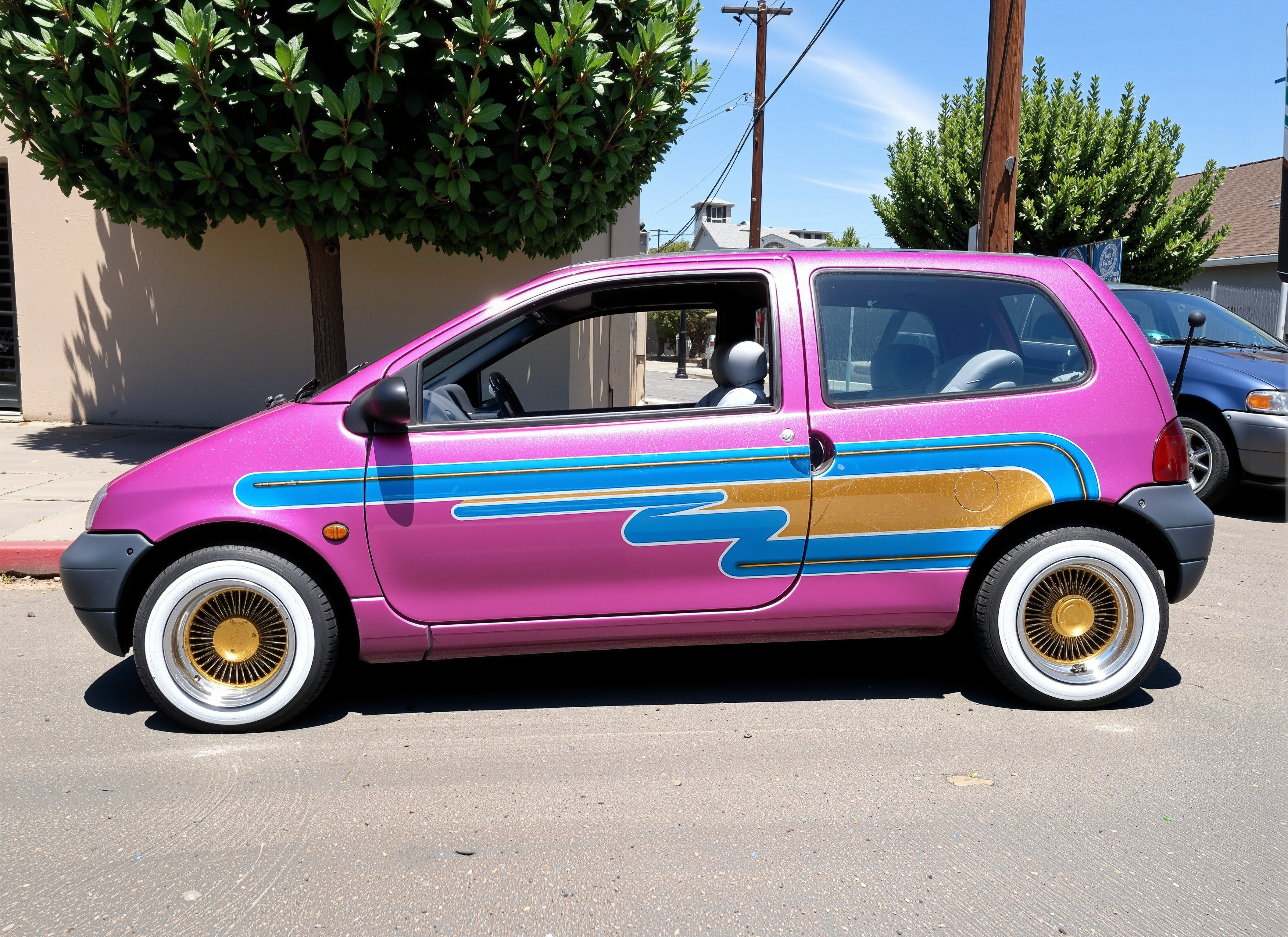 renault twingo lowrider <lora:twingo_FLUX:1>, pink metalflake paint with cyan and gold straight line designs on it,  white sidewall tires, gold wire wheels, in a los angeles street  <lora:lowrider:1>
