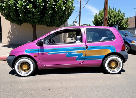 renault twingo lowrider <lora:twingo_FLUX:1>, pink metalflake paint with cyan and gold straight line designs on it, white sidewall tires, gold wire wheels, in a los angeles street <lora:lowrider:1>