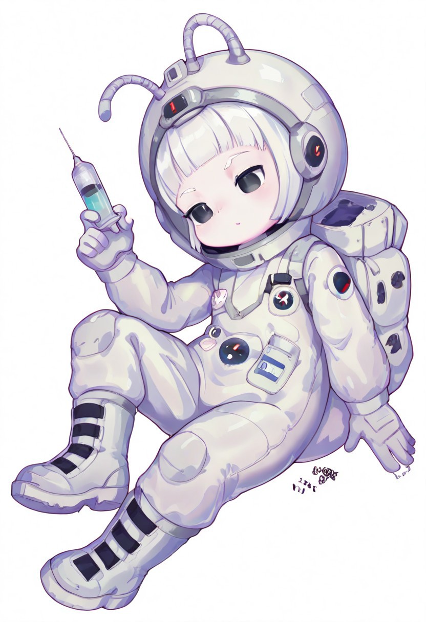 lazypos, girl focus, 1girl, antennae, solo, blunt bangs, white background, white hair, space helmet, black eyes, boots, syringe, short hair, pill, holding, simple background