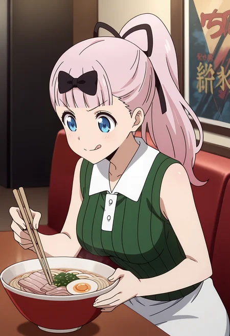 anime screencap, masterpiece, best quality,
<lora:Kaguya-samaWaKokurasetai_FujiwaraChika_IlluXL:0.9>,
1girl, solo, v-shaped eyebrows, closed mouth, light smile, tongue,
high ponytail, blunt bangs, long hair, pink hair, blue eyes, hair bow, black bow, hair ribbon, black ribbon,
collared shirt, sleeveless shirt, ribbed shirt, green shirt, white bow, white skirt,
holding chopsticks, ramen,
sitting, cowboy shot,
indoors, restaurant, photo background, blurry background