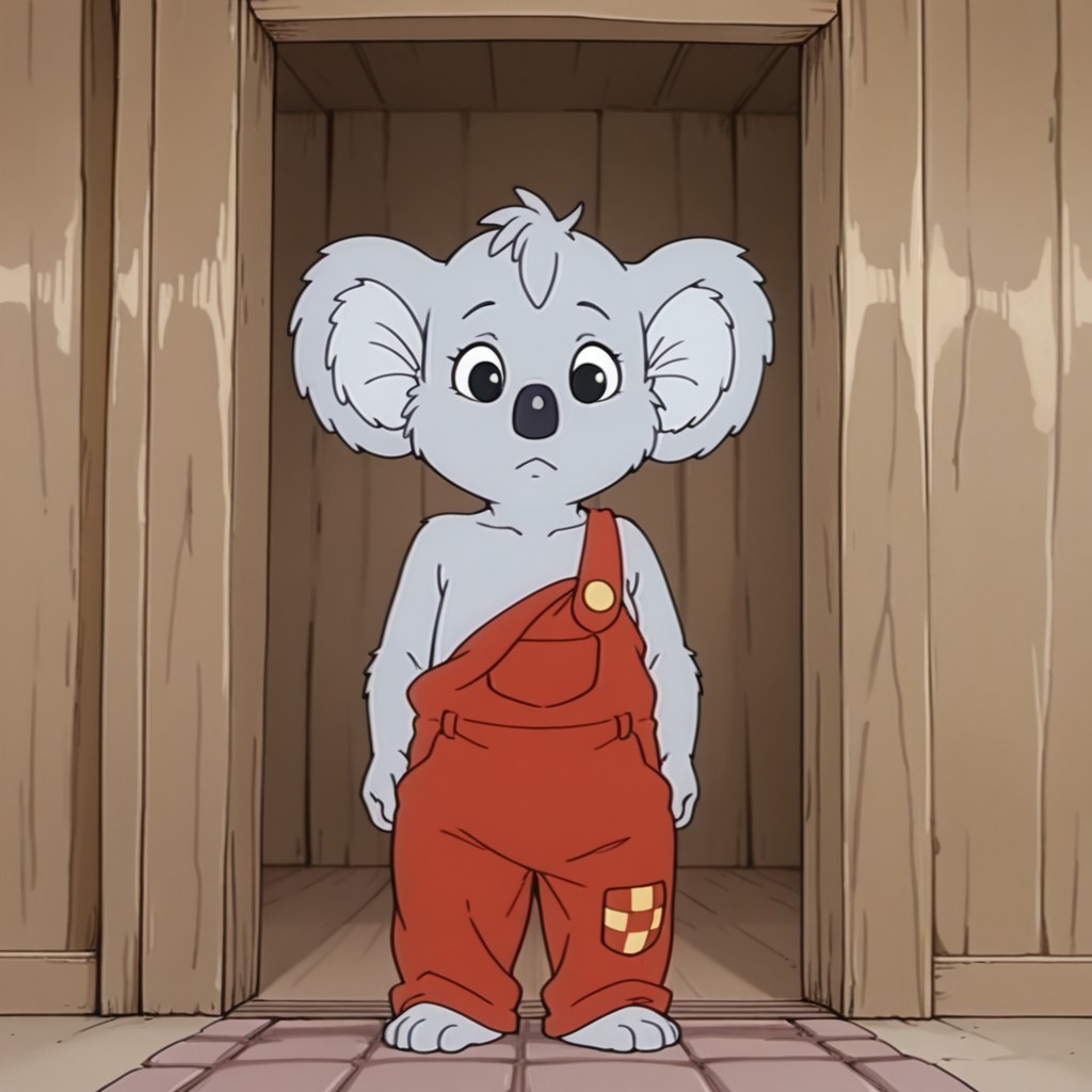 masterpiece, best quality, amazing quality, Blinkybbil, semi-anthro, male, Koala, grey fur, black eyes, one strap red overalls, standing, in the woods