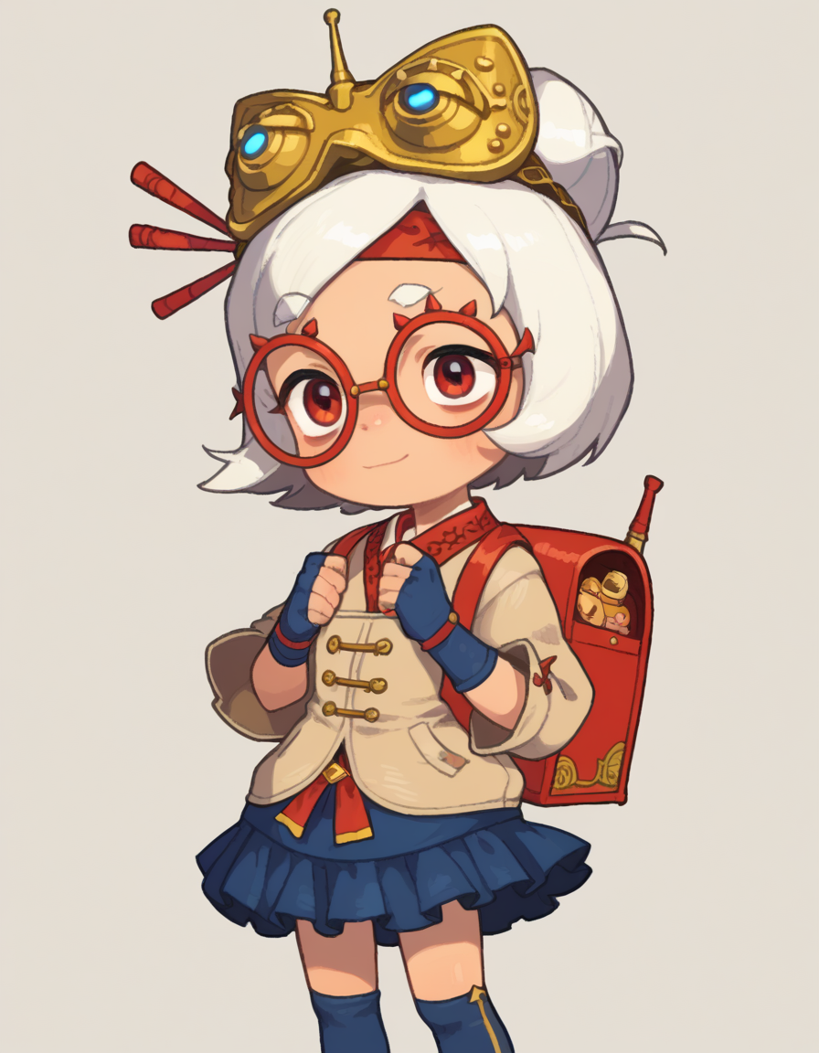 zPDXL, score_9, score_8_up, score_7_up, source_anime, 1girl, solo,
 <lora:LilPurah_v1.2:0.6> purah, sheikah, white hair, dark-skinned female, child, thick eyebrows, red eyes, red-framed eyewear, hair bun, goggles on head, beige jacket, blue skirt, frilled skirt, blue socks, kneehighs, blue footwear, mary janes, red headband, goggles on head, hair stick, hair beads, randoseru, red bag, bag straps, blue and white striped strap, fingerless gloves, blue gloves, petticoat, light smile, <lora:PossumMachine_v2:1> possmach