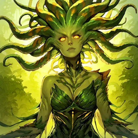 <lora:Vraska_Magic_the_Gathering:1> vraska, solo, 1girl, colored skin, monster girl, yellow eyes, green skin, glowing, plantdress, breasts, snake hair <lora:RD-MAnon-XLV1.1:1> female, source_anime, score_9_up, score_7_up, score_8_up