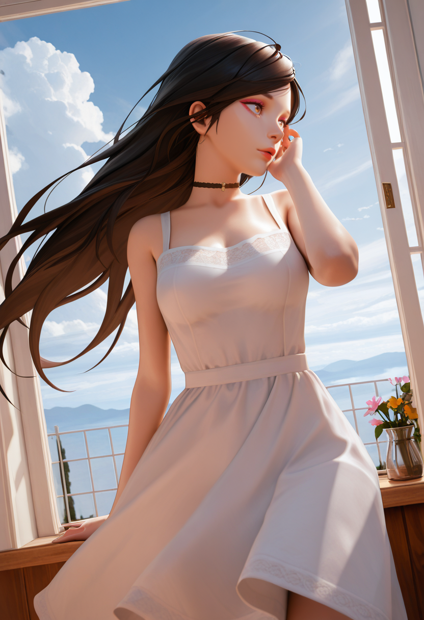 masterpiece, best quality, intricate details, detailed background, beautiful detailed, beautiful face, detailed eyes, detailed face, new, newest, ub3rstyl3, 1girl, solo, sundress, long hair, choker, makeup, cowboy shot, looking away, sky, cloudy, adjusting hair, day, window, medium breasts, smile, dutch angle, wind,