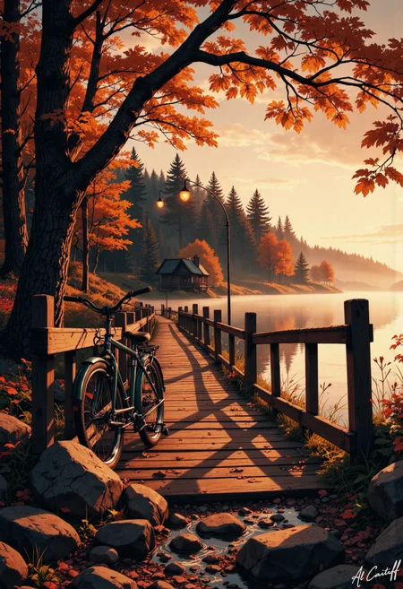 High-angle shot, 10mm fisheye lens with extreme barrel distortion, no motion blur, very deep f/11 depth of field. A serene lakeside scene at sunset with warm golden tones. A worn wooden pier stretches into a misty lake, lined with old wooden posts and a lone bicycle leaning against a wooden railing. In the distance, a small cabin stands amidst a forest of tall pine trees, partially shrouded in mist. A lone streetlamp stands at the pier's edge, casting a warm yellow glow on the surrounding rocks and foliage. A few autumn leaves cling to their branches, casting warm orange hues on the surrounding rocks., MysticComic, l1n0c2t<lora:CustomFlux/MysticComic-v3.safetensors:0.5000000000000001:0.5000000000000001> <lora:CustomFlux/MysticFantasy.safetensors:0.10000000000000002:0.10000000000000002> <lora:CustomFlux/MysticRealism.safetensors:0.7500000000000001:0.7500000000000001> <lora:Flux/Linocut - s1 g4.safetensors:0.25000000000000006:0.25000000000000006>