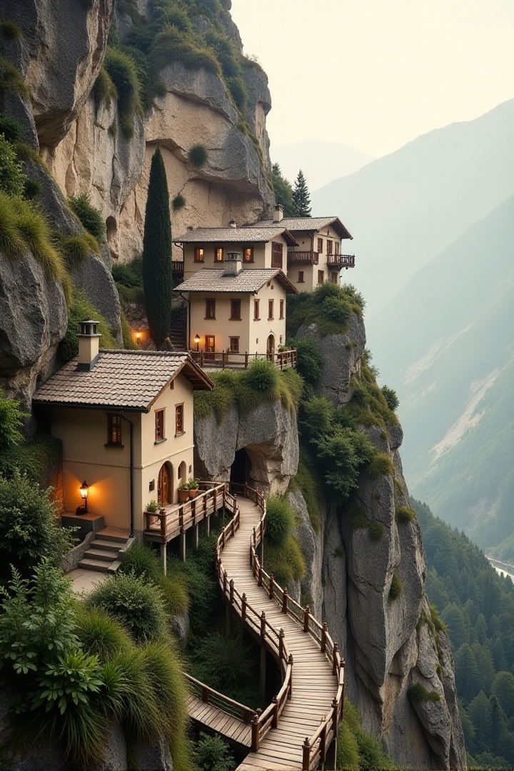 (((a village built into the side of a mountain, with wooden bridges connecting various parts of the town.))), Soft Beige, Cozy Comfort: warm lighting, beige tones, soft focus, cozy ambiance, comforting elements, gentle textures, tranquil look, cozy atmosphere, comforting aesthetics, capturing emotions, serene scenes, artistic feel, storytelling through textures, professional technique, gentle light manipulation, cozy concept, comforting styling, tranquil environment, surreal aesthetics, captivating narratives, intricate details, cozy landscape, editorial storytelling, warm glows, evoking comfort, pushing creative vision <lora:add-detail-xl:2> <lora:Cosine_freck:1>âââ