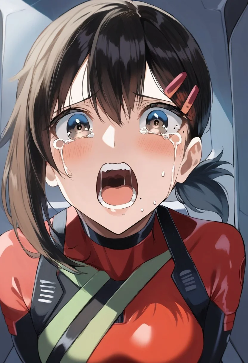 score_9, score_8_up, score_7_up, source_anime, hi res, masterpiece, best quality, highres, rkanime_ps, higashiyama kobeni, plugsuit, 1girl, cosplay, open mouth, hair ornament, red bodysuit, hairclip, cockpit, mole under mouth, mole under eye, souryuu asuka langley, black hair, interface headset, short ponytail, looking at viewer, bangs, single sidelock, pilot suit, teeth, crying, screaming, medium hair, medium breasts, tears, multicolored clothes, scared, close up