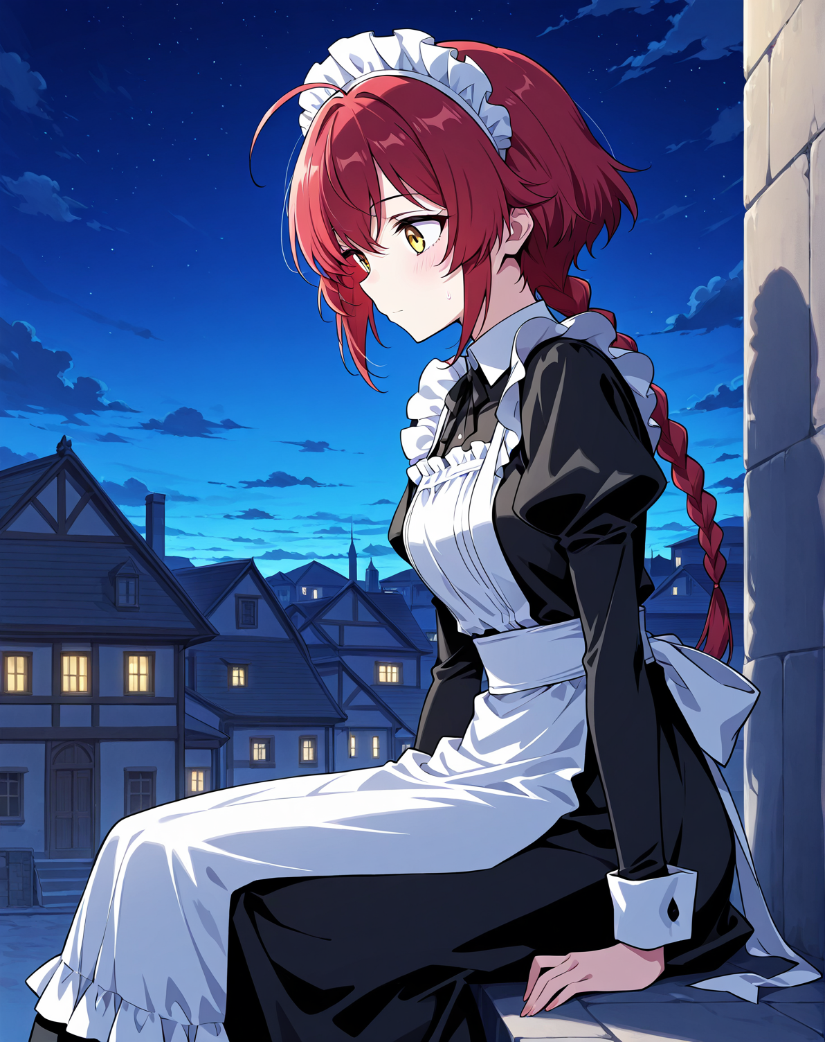  <lora:Ha_Yuri illustri:1>
1 girl, solo, long braided ponytail, red hair, short hair, ahoge, yellow eyes
maid's outfit
score_9, score_8_up, score_7_up, score_6_up, source_anime, masterpiece, best quality, absurdres, highres, newest, anime coloring <break>  1girl, solo, sitting, on wall, from side, town, night sky, cloud