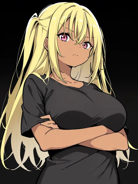 score_9, score_8_up, score_7_up,  
1girl, mio ai, dark-skinned female, large breasts, long hair, two side up, blonde hair, 

standing, frown, looking at viewer, crossed arms, black t-shirt, short sleeves, upper body, black background,