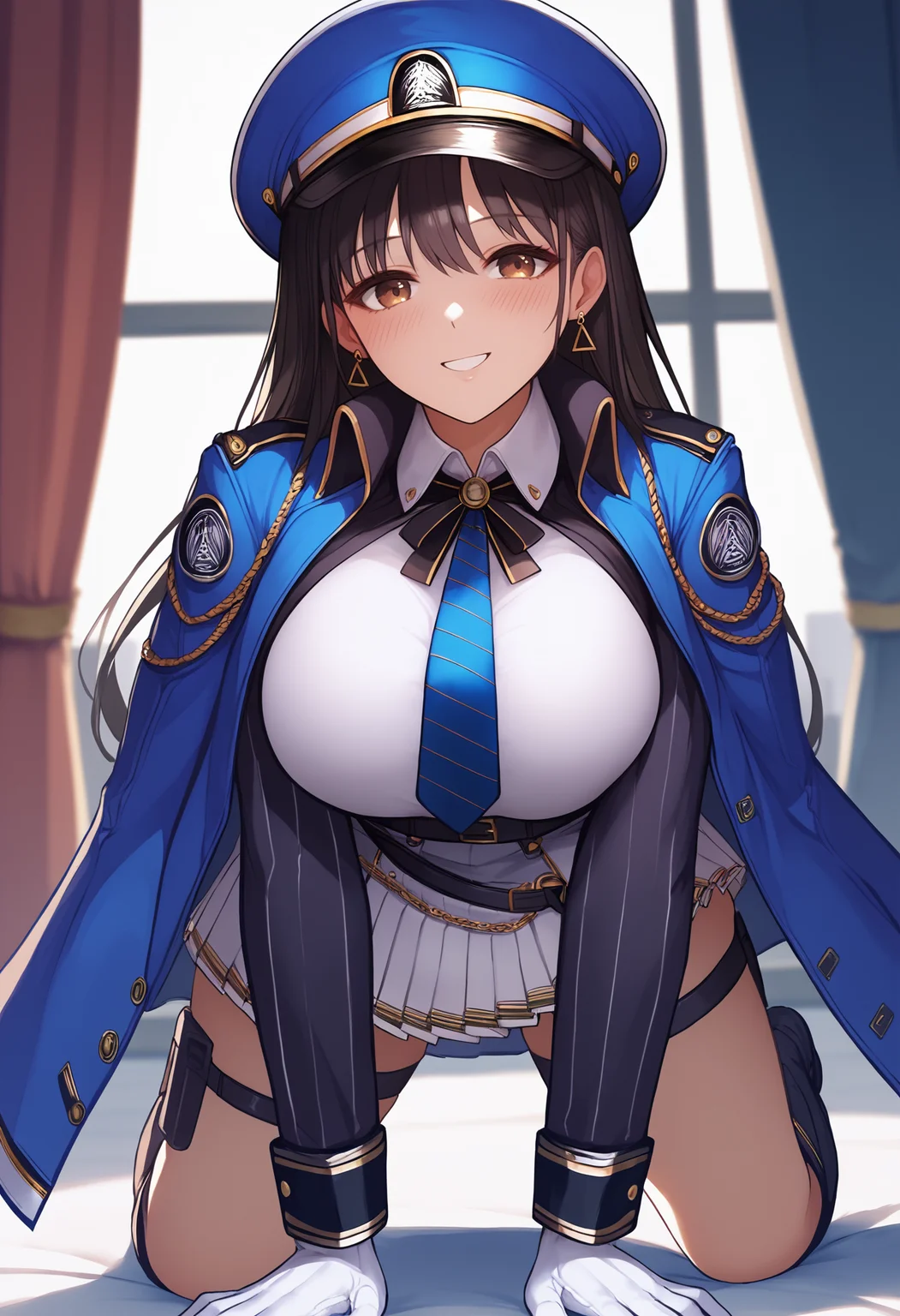 score_9, score_8_up, score_7_up, source_anime BREAK 1girl, solo, <lora:diesel-nikke-richy-v1_pdxl:1> dsldef, brown eyes, black hair, long hair, bangs, large breasts, peaked cap, earrings blue coat, coat on shoulders, military uniform, black jacket, white shirt, collared shirt, blue necktie, pleated skirt, white skirt, belt, white gloves, thigh strap, knee boots, kneeling, all fours, smile, blush, looking at viewer, indoors