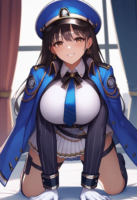 score_9, score_8_up, score_7_up, source_anime BREAK 1girl, solo, <lora:diesel-nikke-richy-v1_pdxl:1> dsldef, brown eyes, black hair, long hair, bangs, large breasts, peaked cap, earrings blue coat, coat on shoulders, military uniform, black jacket, white shirt, collared shirt, blue necktie, pleated skirt, white skirt, belt, white gloves, thigh strap, knee boots, kneeling, all fours, smile, blush, looking at viewer, indoors