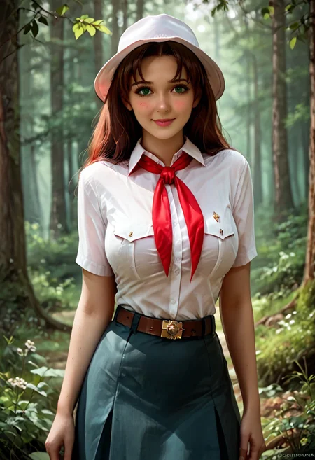 score_9, score_8_up, score_7_up,
forest, outdoors,
1girl, solo, olga dmitrievna,
long hair, brown hair, green eyes, looking at viewer, big breasts, shirt, red tie, hat, belt, skirt,
smile, shy, blushing