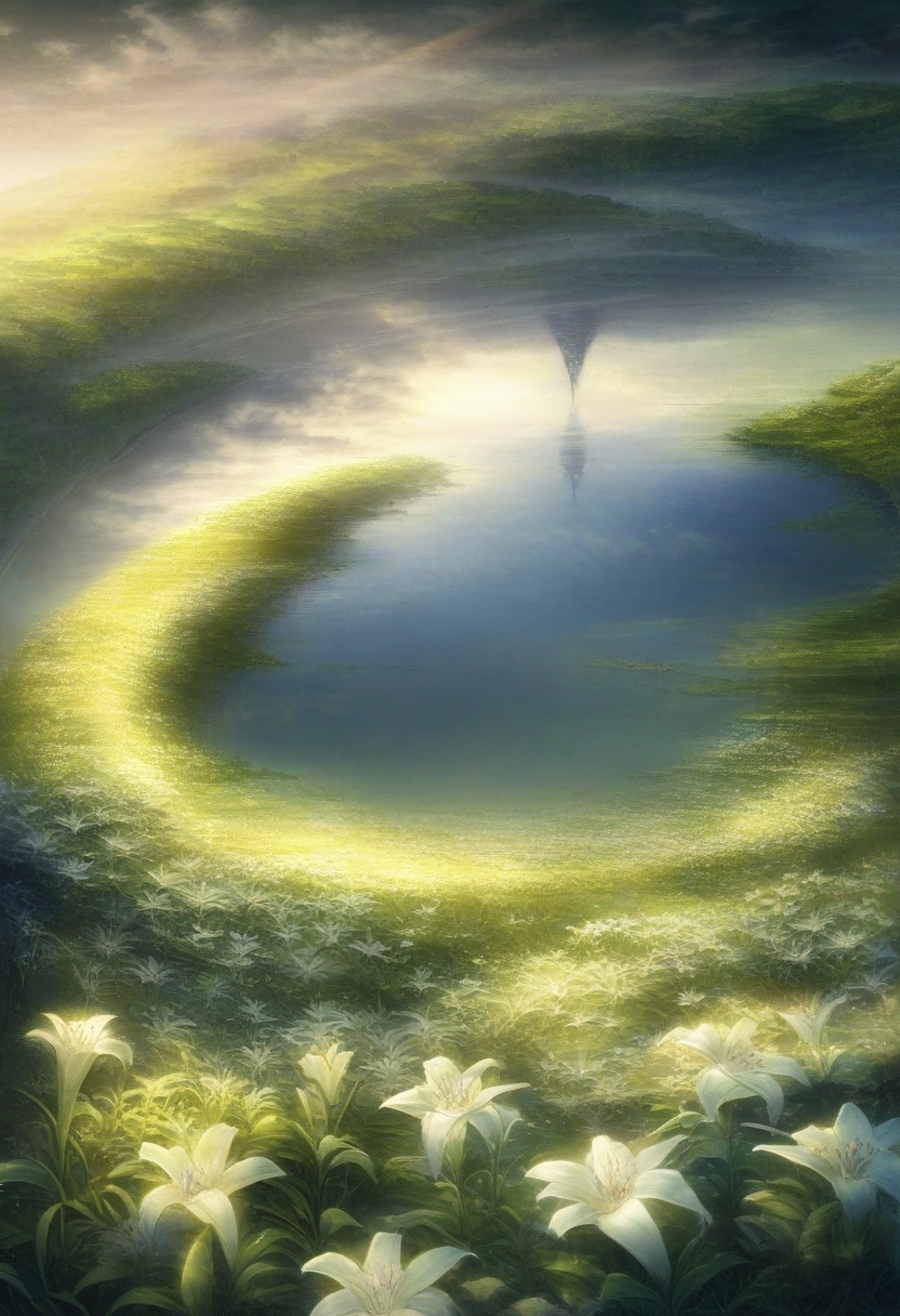detailed background, from above,( Calm spring  landscape), amongst lush greenery, beautiful view, Flower Field, lily flower in full bloom, lily flower, early morning, sunrise sky, beautiful clouds, dappled beautiful, Tranquil Lake, Walkway, petals dancing in the wind, depth of field, masterpiece, best quality, ultra-detailed, very aesthetic, illustration, perfect composition, intricate details, absurdres, moody lighting, wisps of light, no humans,