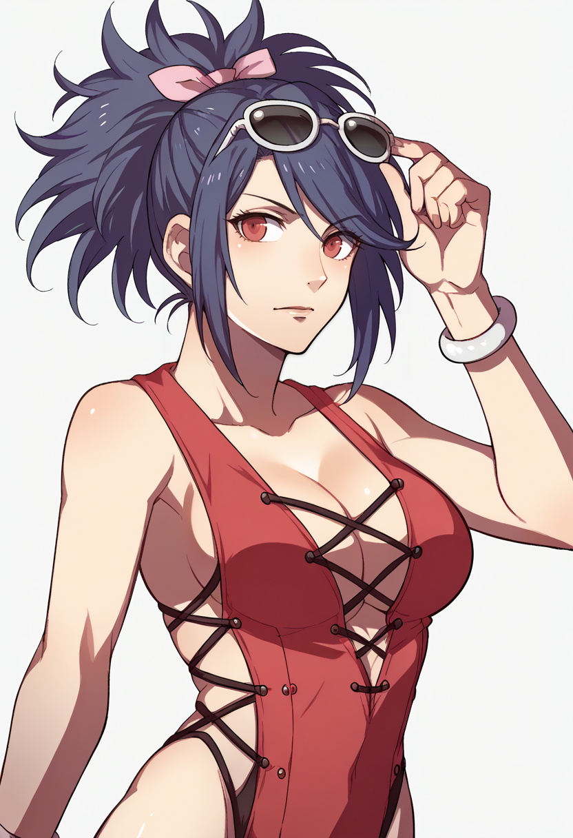 score_9, score_8_up, score_7_up, source_anime BREAK 1girl, solo,
<lora:zs_FE3HPortraitsXL:1> fe3hportraits, upper body, white background
 <lora:SheenaToS-pdxl:1> swimSheena, ponytail, hair ribbon, sunglasses on head, bracelet, red one-piece swimsuit, highleg, cross-laced clothes, cleavage, large breasts,