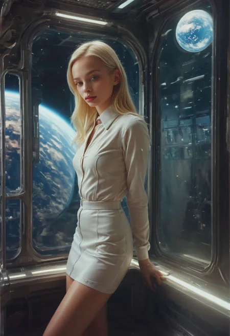 high platform heels, long shiny legs, cropped tight maid outfit, a young blonde woman, looking at the viewer, full body shot, hero post, she inside futuristic space elevator, the background a thick glass window to a view of planet earth, clear, half earth in shadow, pale flawless skin, young face, delicate feminine features, long blonde hair, glossy lipstick, blushing from embarrassment, realistic dark mascara, sensual pose, tight uniform, the light is warmth illuminates everything, bright sun-lit scene, shot on Polaroid and Hasselblad 120mm medium format