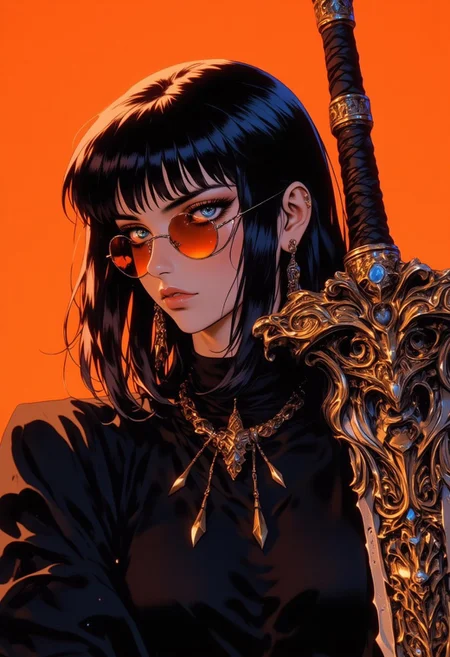 The woman has shoulder-length dark brown hair with straight bangs. Her hair is sleek, and she has a subtle light highlight at the back.
She wears round, reflective sunglasses that have a slightly tinted orange hue, which match the background color.
The woman is dressed in a dark, possibly black outfit, which gives
She is accessorized with a large, intricate earring featuring ornamental details and chains.
She also wears a black choker with metallic elements, enhancing the overall rebellious
She holds a detailed, ornate sword in her right hand, which appears to have a gold or brass guard with intricate carvings. Chains dangle from the sword, adding a touch of elegance and uniqueness
The background is a bold, solid orange color, creating a striking contrast with her dark outfit and emphasizing the character
