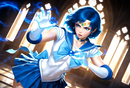 teenage Sailor Mercury with a volumetric watery blue magic concentrated on her hand, girl is attacking in wizarding pose, highly detailed blue pearly clothes are teasingly torn, aesthetic, ethereal mythical liquid magic spiralizing around, short blue hair, strong wind , dynamic angle, dynamic depth of field, masterpiece, best quality, intricate details, detailed background, epic movie still, cathedral,
source photo,
extra sharp image,
8k, ultra detailed, realistic, highly detailed, hyper detailed,
masterpiece, best quality, good quality, (artgerm:0.8),
<lora:illustriousXL_stabilizer_v1.23:0.25> <lora:spo_sdxl_10ep_4k-data_lora_webui:0.8> <lora:sd_xl_dpo_lora_v1:1.2>