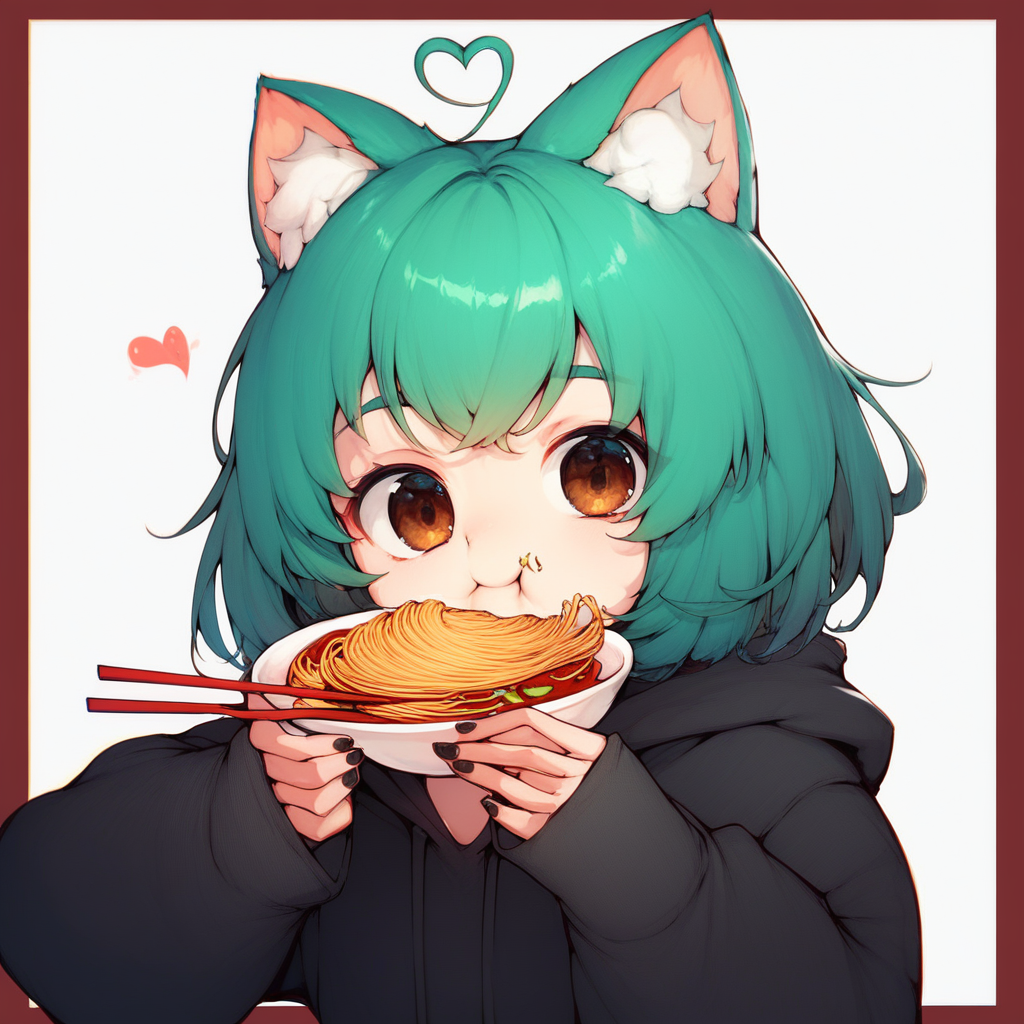 1girl, score_9, score_8_up, score_7_up, score_6_up,   Girl-DM, 1girl,  solo, looking at viewer, short hair, simple background, long sleeves, white background, holding, animal ears, brown eyes, upper body, ahoge, heart, food, green hair, virtual youtuber, hood, cat ears, nail polish, animal ear fluff, hoodie, border, eating, black nails, chopsticks, black hoodie, holding chopsticks, heart ahoge, noodles, red border, general