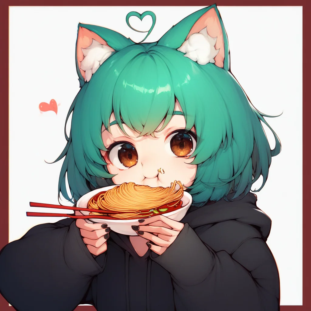 1girl, score_9, score_8_up, score_7_up, score_6_up,   Girl-DM, 1girl,  solo, looking at viewer, short hair, simple background, long sleeves, white background, holding, animal ears, brown eyes, upper body, ahoge, heart, food, green hair, virtual youtuber, hood, cat ears, nail polish, animal ear fluff, hoodie, border, eating, black nails, chopsticks, black hoodie, holding chopsticks, heart ahoge, noodles, red border, general