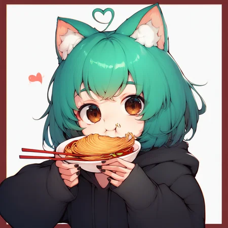 1girl, score_9, score_8_up, score_7_up, score_6_up,   Girl-DM, 1girl,  solo, looking at viewer, short hair, simple background, long sleeves, white background, holding, animal ears, brown eyes, upper body, ahoge, heart, food, green hair, virtual youtuber, hood, cat ears, nail polish, animal ear fluff, hoodie, border, eating, black nails, chopsticks, black hoodie, holding chopsticks, heart ahoge, noodles, red border, general