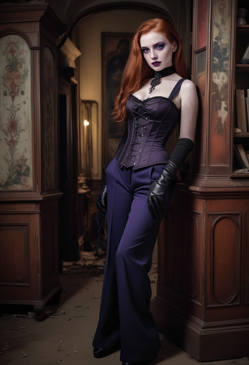 (medium full shot) of (brooding gothic maiden) young woman, willowy build, medium ginger side-swept hair, australian, pale skin, dark Blue eyes, wearing a dark victorian ivory tailored corset , wide-leg trousers with sleek design, fishnet stockings, platform heels, Deep plum lipstick, intense black eyeshadow with purple undertones, leather gloves carrying a leather clutch, set in  a decaying mansion, with broken windows, dusty furniture, faded tapestries, shadowy corners, and abandoned rooms , at night, woman smiling, ,Masterpiece,best quality, raw photo, realistic, very aesthetic