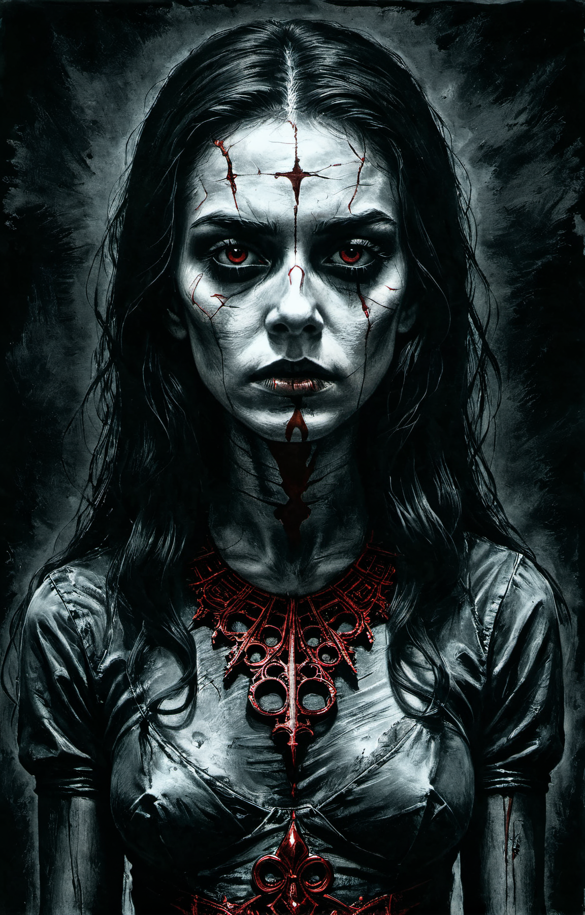 Horror-themed (((black and red charcoal sketch))),breathtaking impress me by creating an award-winning photograph exploring an original and unconventional theme that captivates and amazes the viewer. Push boundaries of traditional concepts,infusing the image with creativity and wonder,leaving a lasting impression on those who behold it,32K,absurdres,intricately detailed,. award-winning,professional,highly detailed,25 year old woman . Eerie, unsettling, dark, spooky, suspenseful, grim, highly detailed