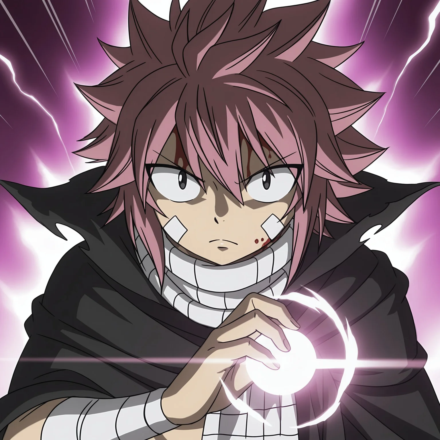 masterpiece, best quality, amazing quality,(masterpiece, best quality, absurdres, detailed,perfect quality, amazing quality, newest, ultra-detailed:1.2), extremely detailed, distortion-free, illustration, (smooth lines,),1man , solo, natsu Dragneel, spiked hair,medium hair, bangs, hair between the eyes, onyx eyes, pink hair,muscular_body, shinny body, shinny skin, anime screencap, anime coloring,white_scarf, bandages, cloak, white_sash,brown_pants, black_cape,hood, diffraction spikes, incoming attack, energy ball, magic, purple background, closed mouth, looking at viewer, hand up, upper body, frown, blood on face, bruise on face, 1girl/1boy, gojofacing2, , <lora:fee177c7-4bec-4fe0-ba18-5056ebecc1fa:0.7>