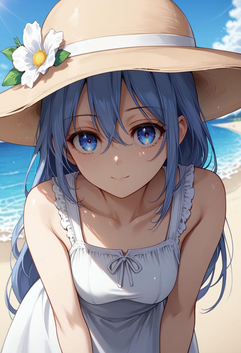(((1 girl, detail1eye, 26 years old, melf:1, Mature female, Mature Face, closed mouth,  anime))), Score_9, score_8_up, score_7_up, HD, Masterpiece, perfect colours, perfect lighting, Solo, long hair, flower ornaments, Pale Blue hair, Blue eyes, Single braid, hat, dress, bare shoulders, collarbone, sleeveless, white dress, sleeveless dress, sun hat, sundress, outdoors, beach, bent over, smile, looking at viewer, solo, cowboy shot, dutch angle,