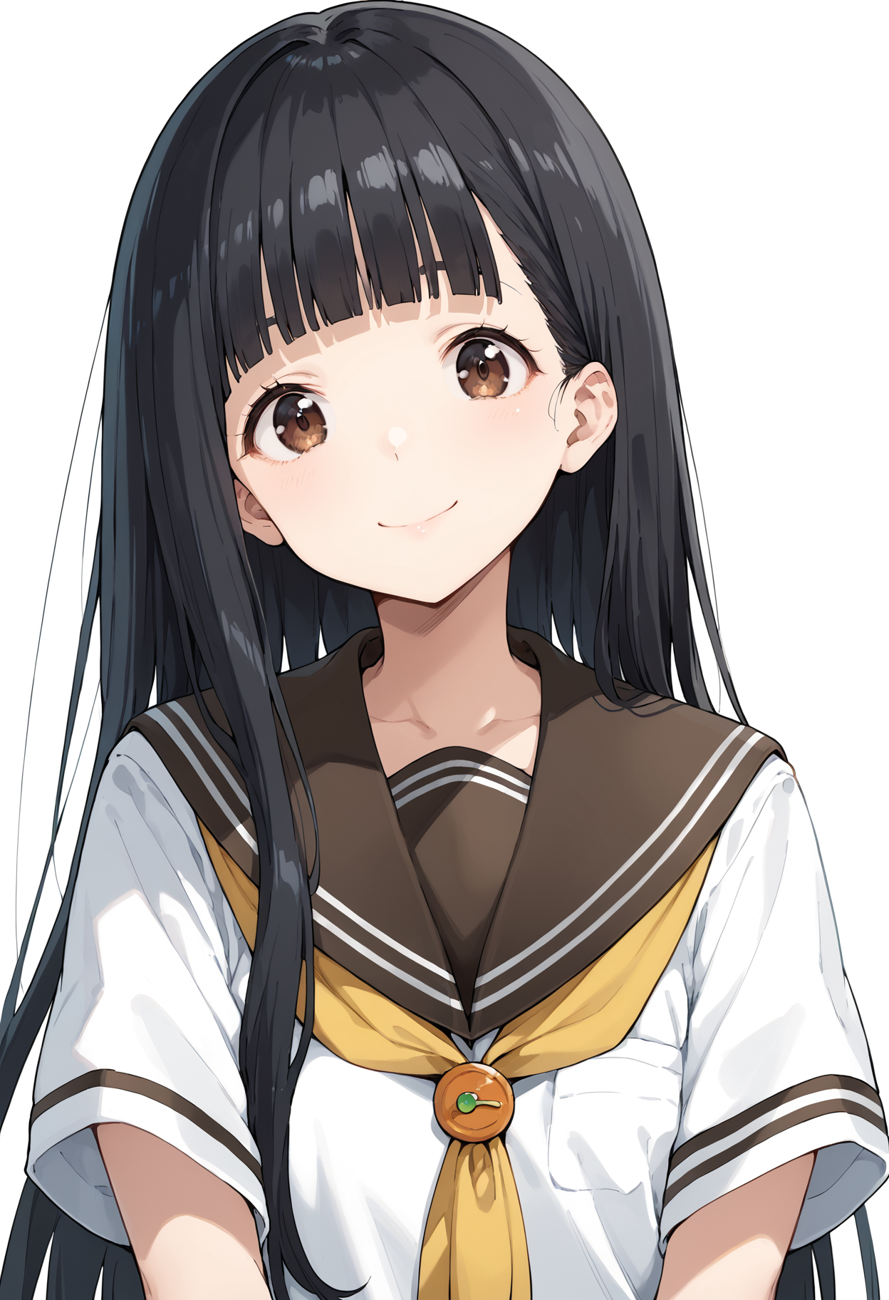 score_9, score_8_up, score_7_up, source_anime, BREAK 1girl, solo, looking at viewer, simple background, upper body, front view, kaju nukumizu, long hair, black hair, blunt bangs, brown eyes, :0, curious, smile, school uniform, serafuku, short sleeves, white shirt, yellow neckerchief, 
<lora:kaju_nukumizu_anime-soralz:0.9>