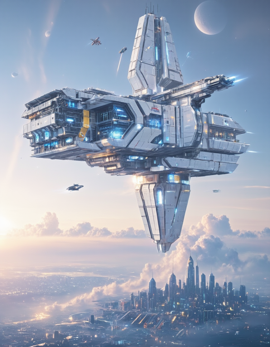 <lora:SW_Minis_3v2flux:1> A massive futuristic white space station floating above a white cyberpunk city on an island, with the sun setting on the horizon. The space station has a highly detailed and futurist design, featuring metallic structures, glass, concrete, glowing blue lights, and various modules attached to its frame. Smaller spacecraft are seen flying around it, enhancing the scale and depth of the scene.
 swminis3all, anime, test3