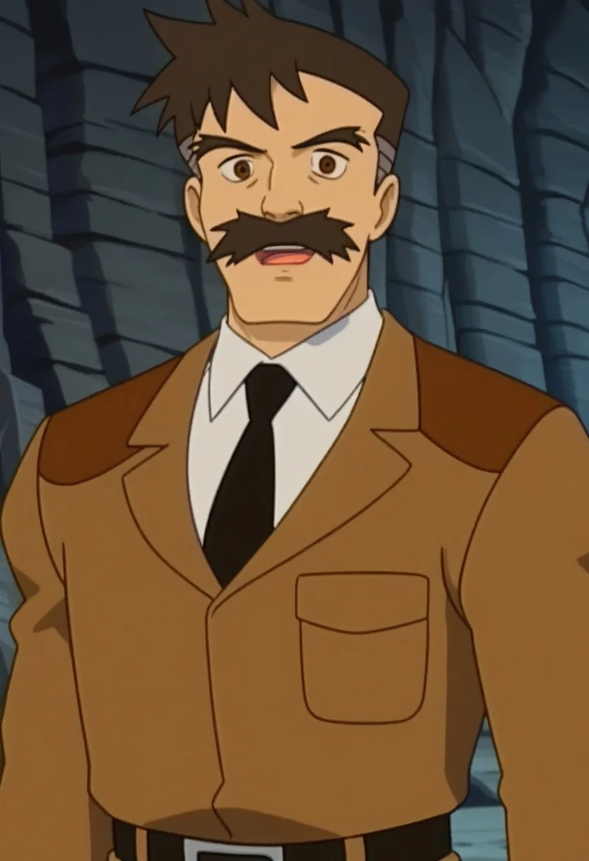 best quality, 1boy, solo, Christopher Barsac, mustache, necktie, brown hair, brown eyes, , Brown jacket, white shirt, amazed, BREAK, cave, Cerulean sand, shiny