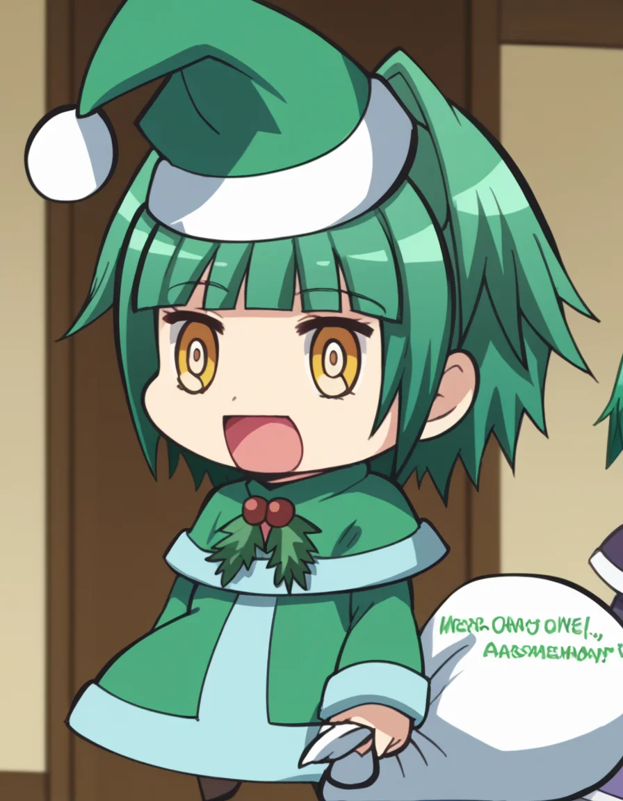 score_9, score_8_up, score_7_up, source_anime, <lora:kaede-kayano-s1s2-ponyxl-lora-nochekaiser:1>, kaede kayano, short hair, bangs, brown eyes, yellow eyes, green hair, hair intakes, anime screencap,, <lora:padoru-ponyxl-lora-nochekaiser:1>, padoru, padoru (meme), holding sack, sack, santa hat, meme, christmas, open mouth, chibi, red capelet, santa dress, capelet, fur-trimmed headwear,, , dutch angle, cowboy shot