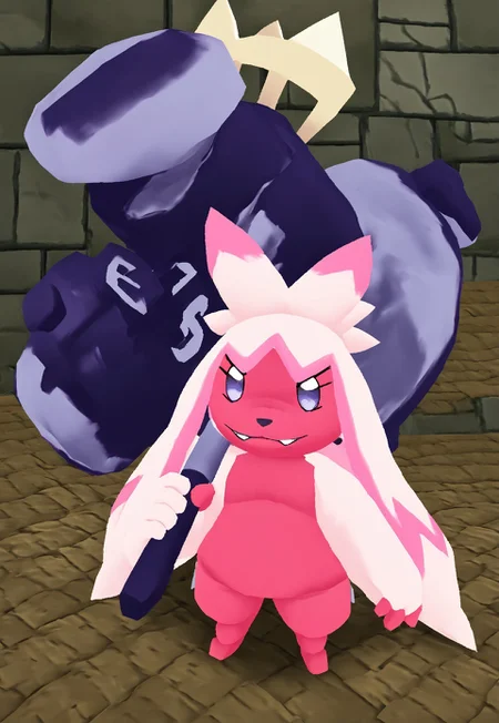 score_9, score_8_up, score_7_up, score_6_up, score_5_up, score_4_up, atlyssstyle, low poly, tinkaton, pokemon (creature), 3d, solo, anthro, furry, hammer, holding hammer, weapon on shoulder, front view, direct view, full body, perfect, perfection, fullbody, best quality, masterpiece, highly detailed, fine details, detailed digital art,
