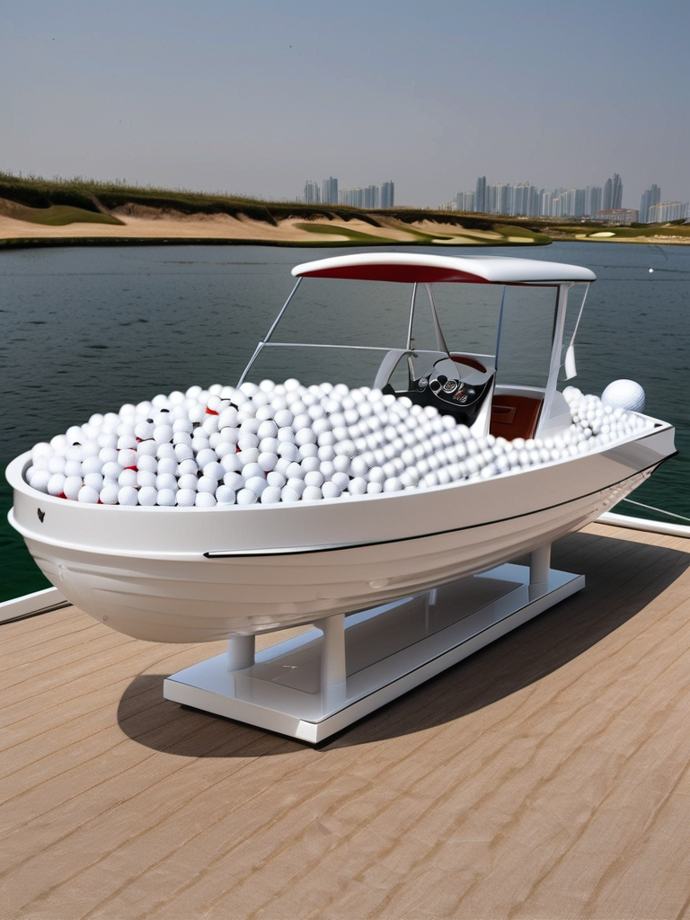 <lora:g0lfb4lls_v2:1>, high quality, high resolution, made of golf balls, luxury speed boat