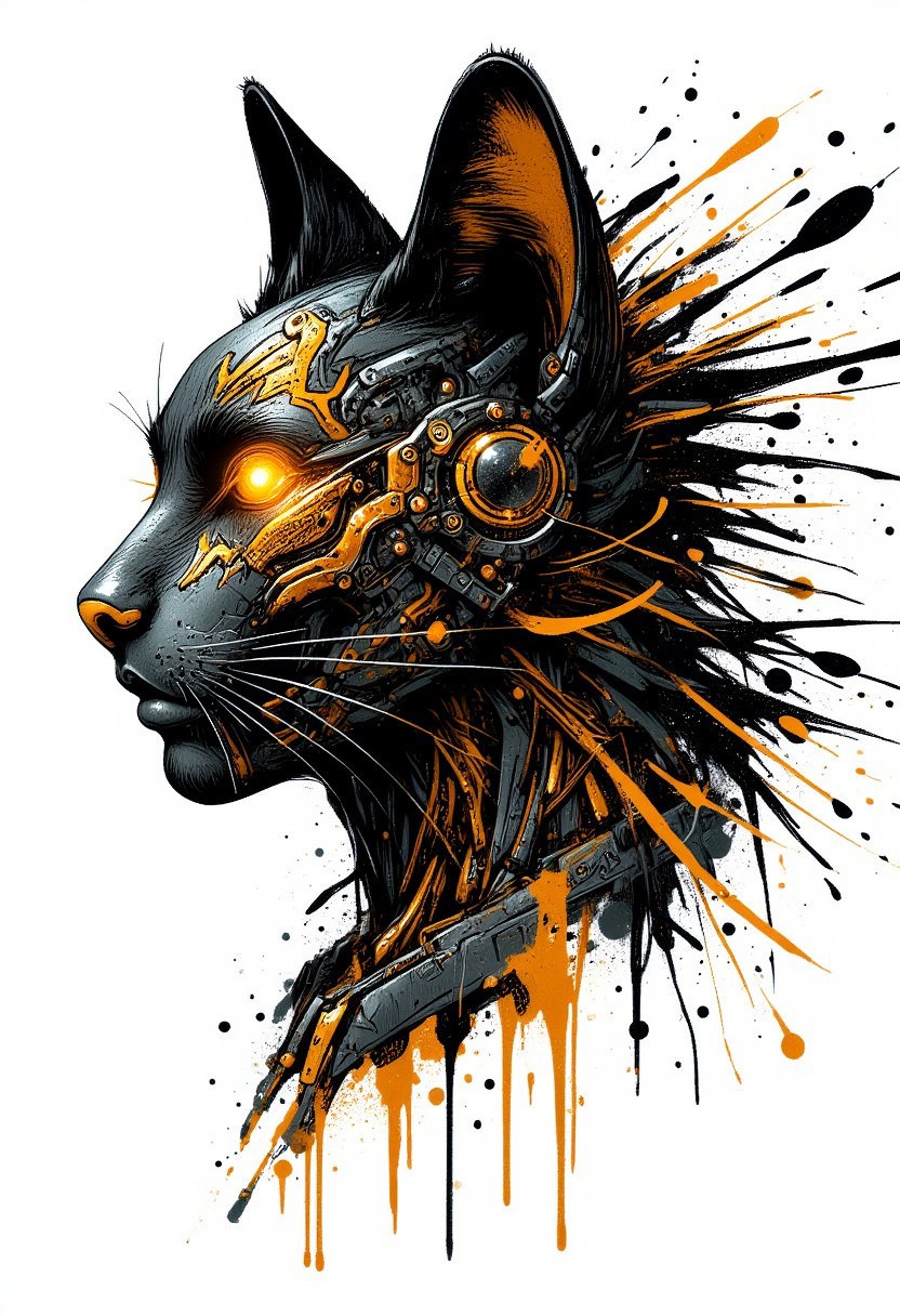 A HEAD OF A CAT, side view, mythp0rt, mad-cbrpnksplshrt, paint splashes, gold and black
