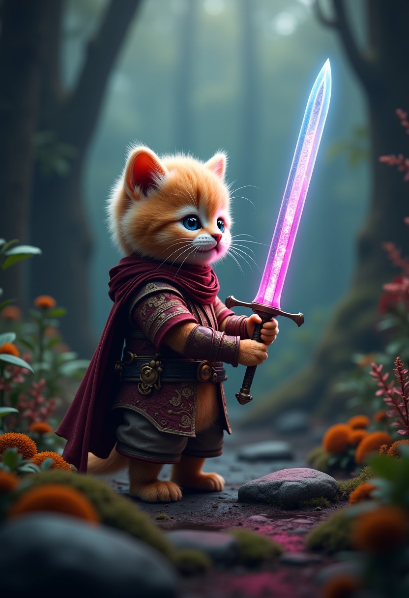 photorealistic,. a realistic human-like fluffy kitten holding a legendary sword. the sword is bright and colorful, emits powerful aura ,surrounded dark forest. very detailed, amazing quality, intricate, cinematic light, highly detail, beautiful, cinematic lighting,, near a waterfall and rare plants, 3d cg, 8k,wearing a fantasy hero attire