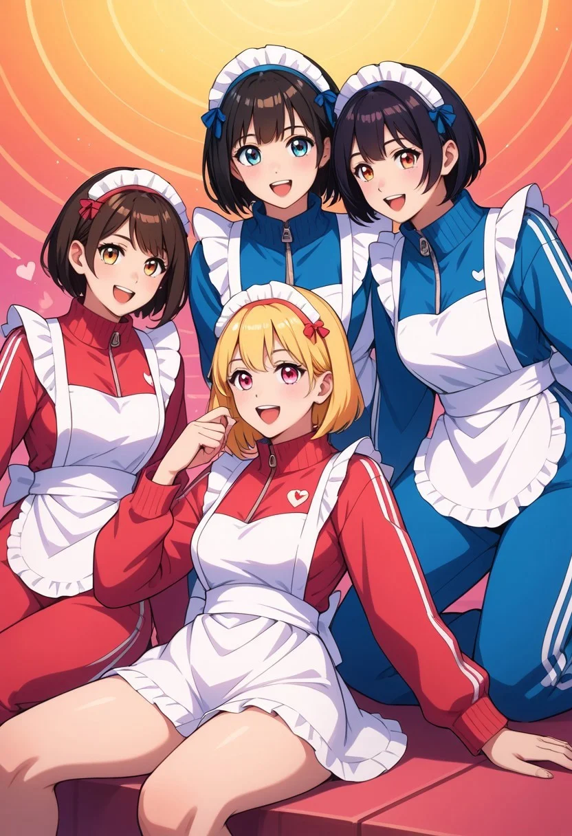 score_9, score_8_up, score_7_up,
masterpiece, best quality, detailed, amazing quality,
detailed background, colorful,
detailed face, detailed eyes,
dynamic pose, sitting,
3women, multiple women, happy, looking at each other,
easynegative,
ja-jimeido, frill, tracksuit, heart, maid headress, apron,