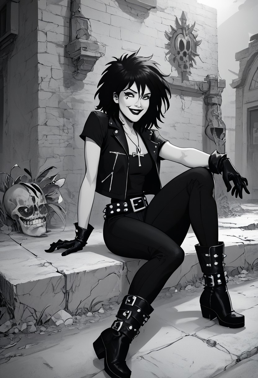 dsk_death, 1girl,  solo, jewelry, gloves, , boots, sitting, makeup, short hair, smile, lipstick, black hair, gothic, jewelry, necklace, ankh necklace, nail polish, leather jacket, black shirt, vest, short sleeves, tattoo, gloves, pants, lipstick, belt, spiked hair, black boots, comic art style, death_of_the_endless\(sandman\), greyscale, monochrome, cinematic angle, cinematic lighting, BREAK zPDXL2 PonyXLV6_Scores