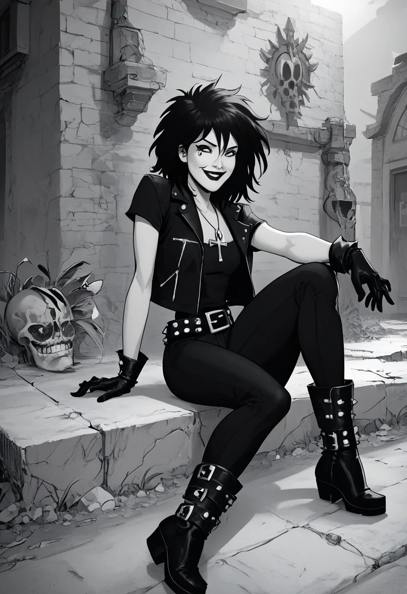 dsk_death, 1girl, solo, jewelry, gloves, , boots, sitting, makeup, short hair, smile, lipstick, black hair, gothic, jewelry, necklace, ankh necklace, nail polish, leather jacket, black shirt, vest, short sleeves, tattoo, gloves, pants, lipstick, belt, spiked hair, black boots, comic art style, death_of_the_endless\(sandman\), greyscale, monochrome, cinematic angle, cinematic lighting, BREAK zPDXL2 PonyXLV6_Scores