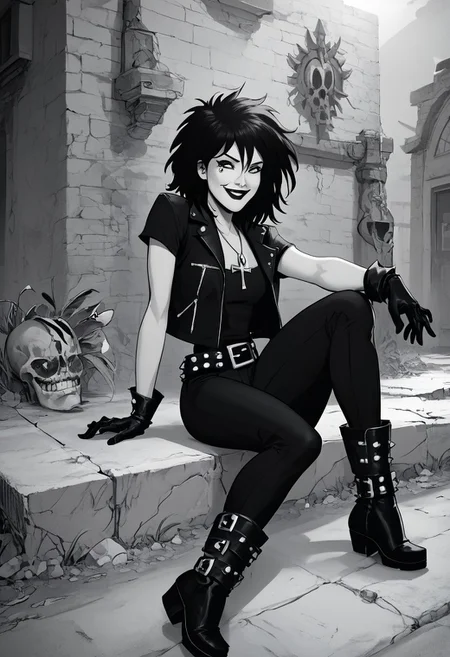 dsk_death, 1girl, solo, jewelry, gloves, , boots, sitting, makeup, short hair, smile, lipstick, black hair, gothic, jewelry, necklace, ankh necklace, nail polish, leather jacket, black shirt, vest, short sleeves, tattoo, gloves, pants, lipstick, belt, spiked hair, black boots, comic art style, death_of_the_endless\(sandman\), greyscale, monochrome, cinematic angle, cinematic lighting, BREAK zPDXL2 PonyXLV6_Scores