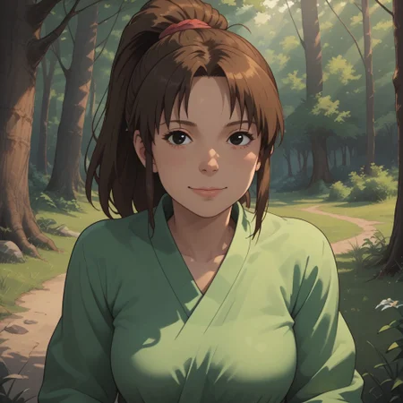 score_9, score_8, BREAK, solo, Chihiro_Ogino_(Spirited_Away), brown hair, ponytail, short hair, black eyes, cute face, green shirt, pink shorts, sandals, tall, adult female, mature female, breasts, sexy pose, self portrait, smile, looking at viewer, outdoors, sunlight, shadows, evening lighting, natural lighting, forest, trees, grass, orange sky, sunset