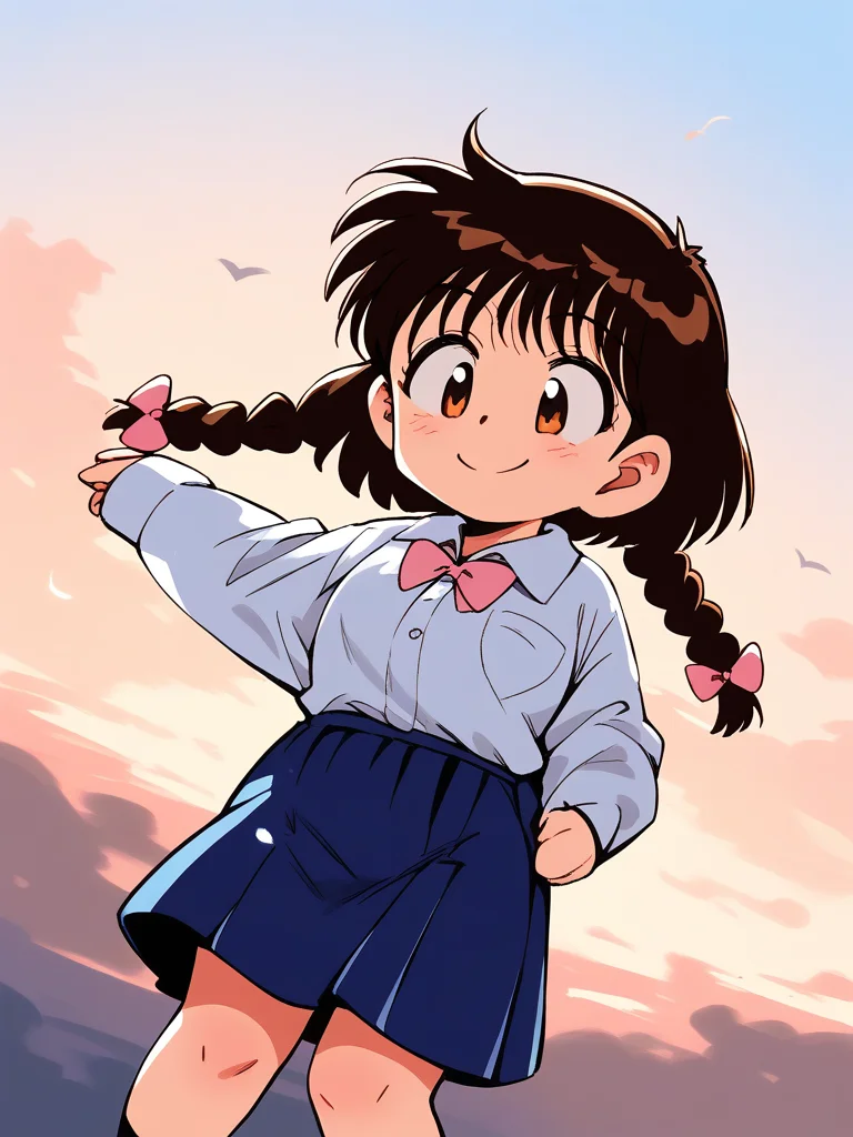score_9, score_8_up, score_7_up, source_anime, rating_explicit, BREAK <lora:Shinba_Kurumi_XL:0.9>Shinba_Kurumi, brown hair, brown eyes, twin braids, hair bow, pink bow, short hair, short stack,
long sleeve, skirt, smile,
skyã