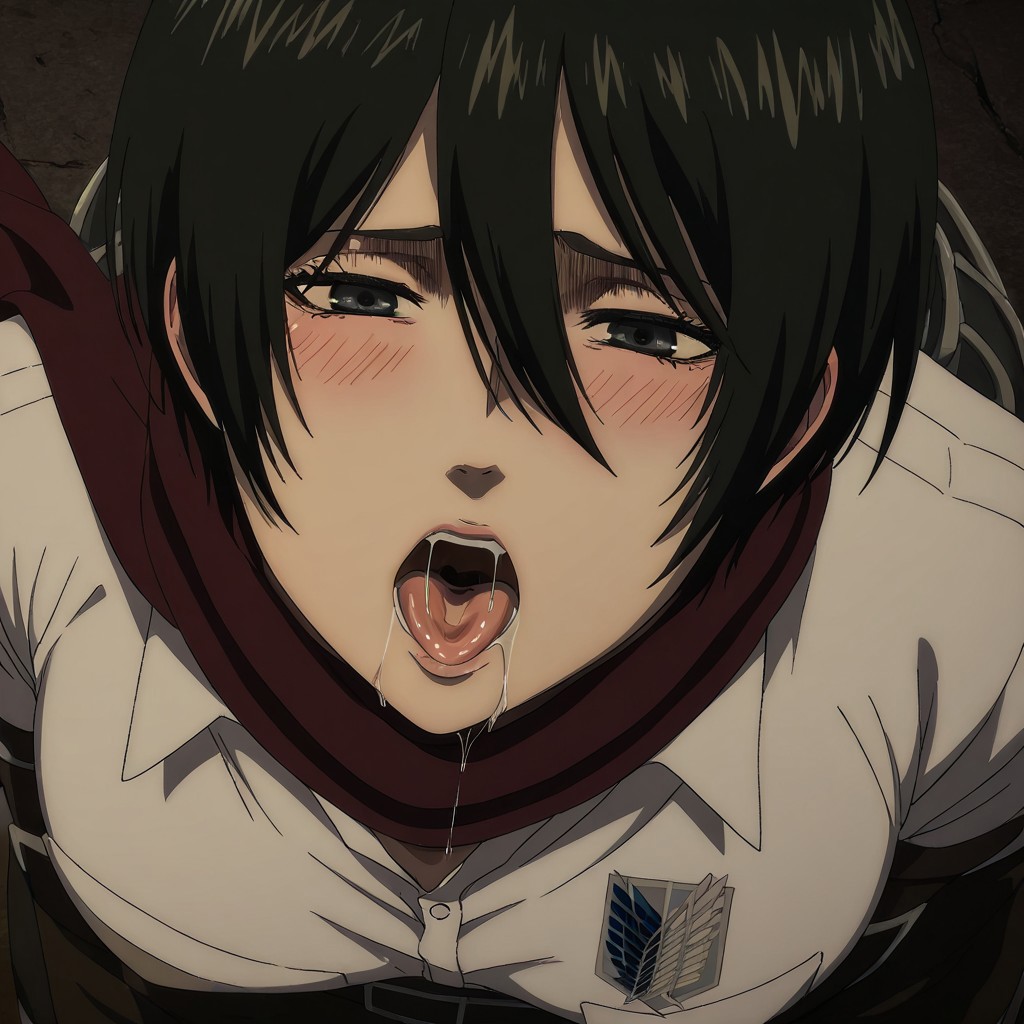 masterpiece,best quality,ultra-detailed face,(mikasa_ackerman),(1girl),female focus,red scarf,white collared shirt,BREAK
survey corps (emblem), (face focus), detailed mouth, detailed eyes, paradis military uniform, pocket, cowboy shot
(tounge), ((saliva:1.4)),
(breast pop-out),blushing