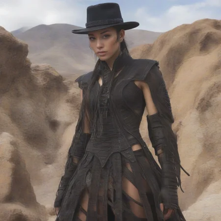 ((masterpiece, best quality, highly detailed)), cowboy shot, an asian woman, stunning looks, demobaza, demobaza, The Hateful Eight film style, ((tall hat:1.3)), ((holstered guns, (((holding guns))), six shooter in each hand, pointing at viewer, rifle in both hands:1.5)), (wearing western gunfighter clothes, shirt, pants, black boots,) in wild western town, desert background, lantern lights, short hair, brown eyes, demobaza, indian style, wild western