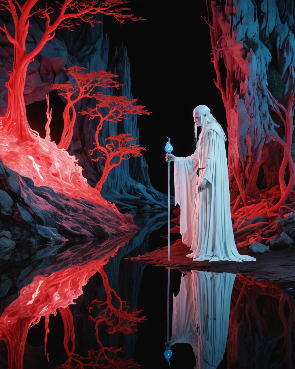 evil sorcerer, albino, water, reflections, transparency, vibrant intense color, neon, glowing light, crimson, The Valley of the Lost, Kay Nielsen, neon, realistic photo, <lora:add-detail-xl:1>, <lora:xl_more_art-full_v1:0.8>