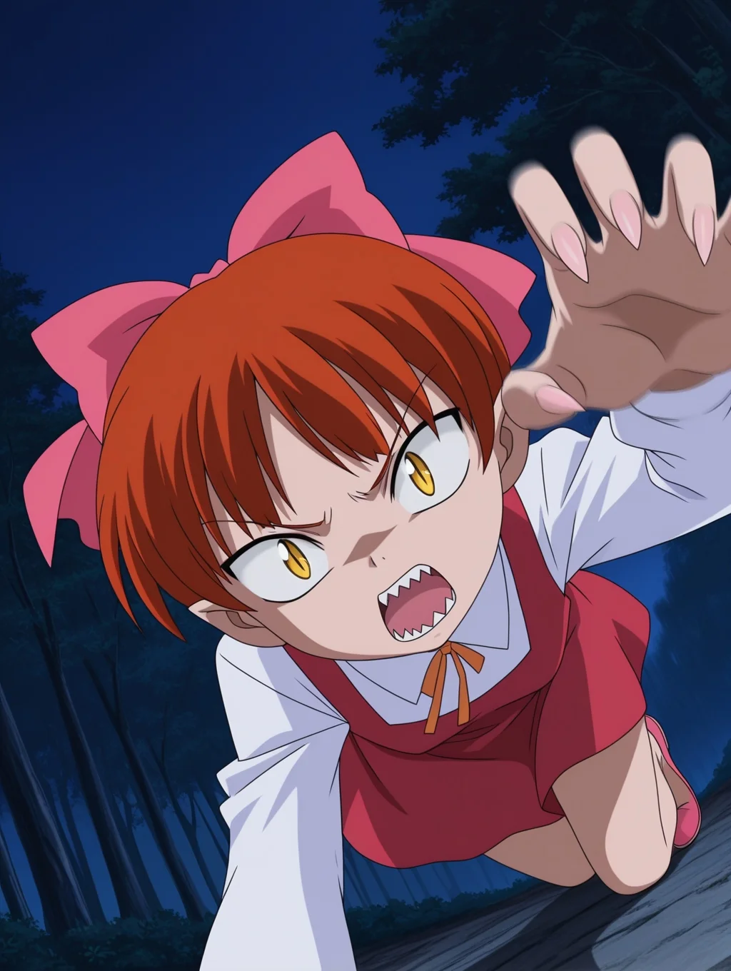 masterpiece, best quality, amazing quality, detailed background, perfect eyes, anime coloring, anime screenshot, 2000s \(style\), 1girl, solo, nekomusume (gegege no kitaro 5), red hair, short hair, choppy bangs, pink hair bow, (yellow eyes, slit pupils:1.2), small breasts, white shirt, long sleeves, orange lace ribbon, red dress, pink footwear, all fours, glowing eyes, sharp nails, annoyed, open mouth, sharp teeth, dutch angle, cowboy shot, (incoming attack, motion blur:1.3), (outdoors, night, dark, soft light),